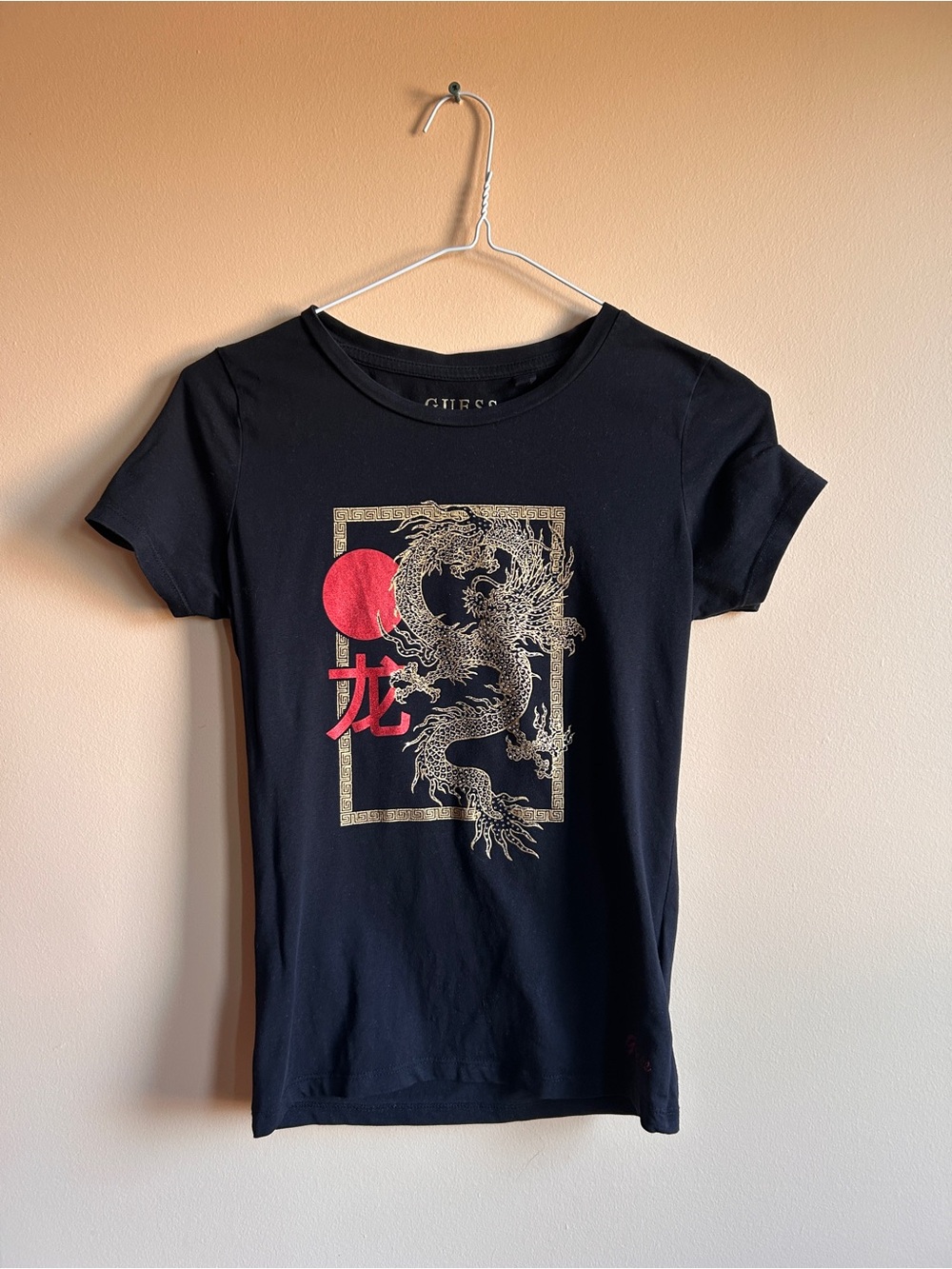 GUESS Black Tee with Gold Dragon and Red Sun